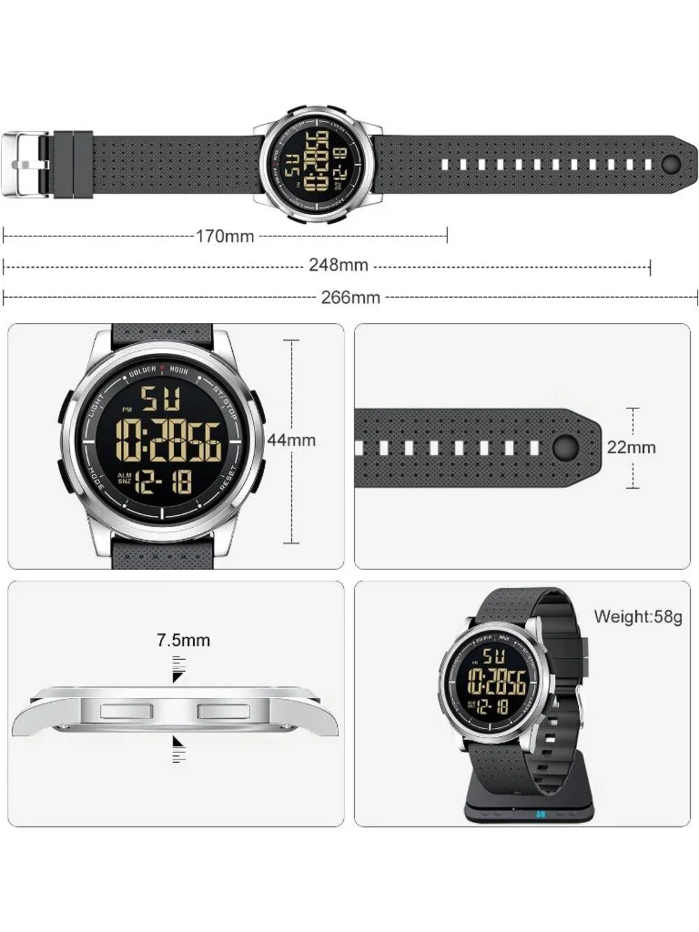 Men's Silver Rubber Strap Ultra-Thin Minimalist Sports Waterproof Digital Watch